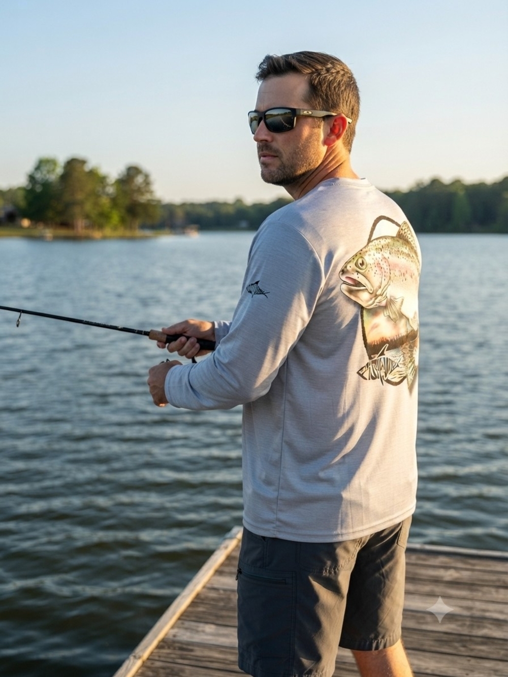 Men's Light Gray Long Sleeve Fishing Tee with Trout Back Graphic